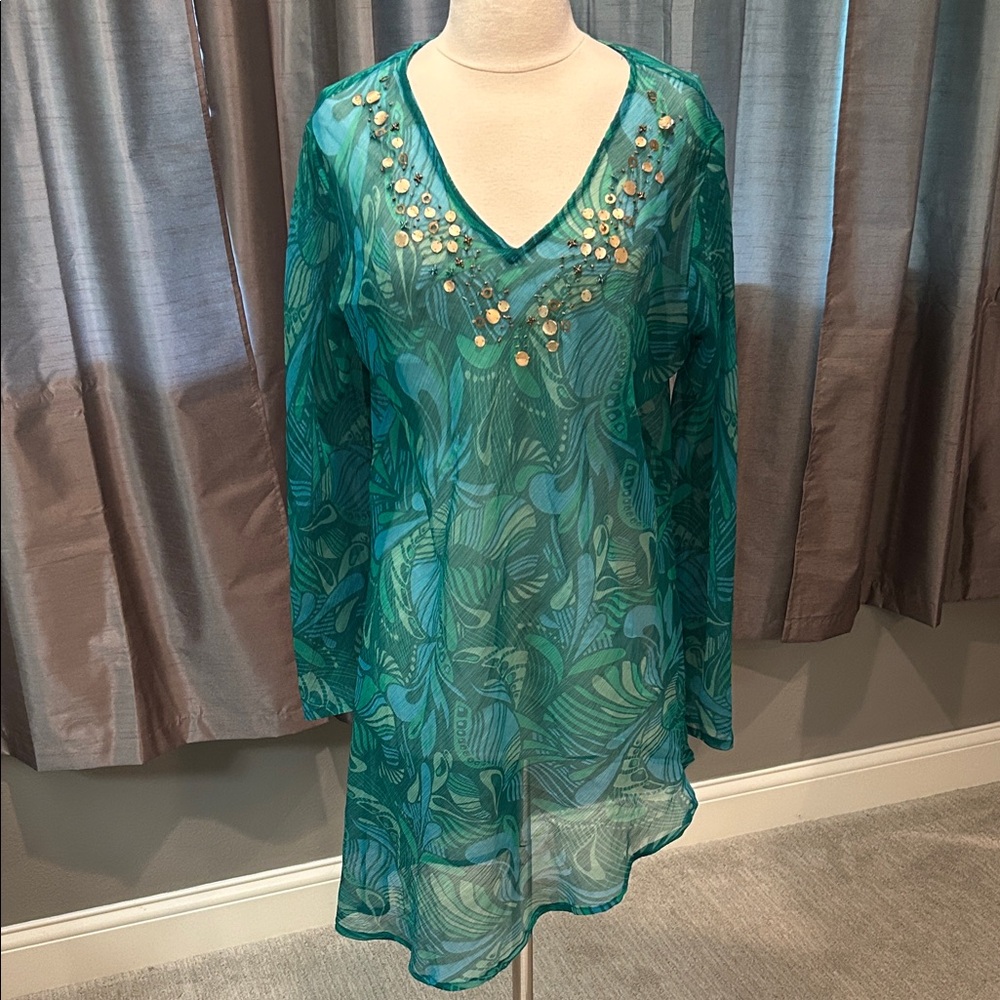 Green Tropical Print Sheer Tunic / Swim Cover-Up